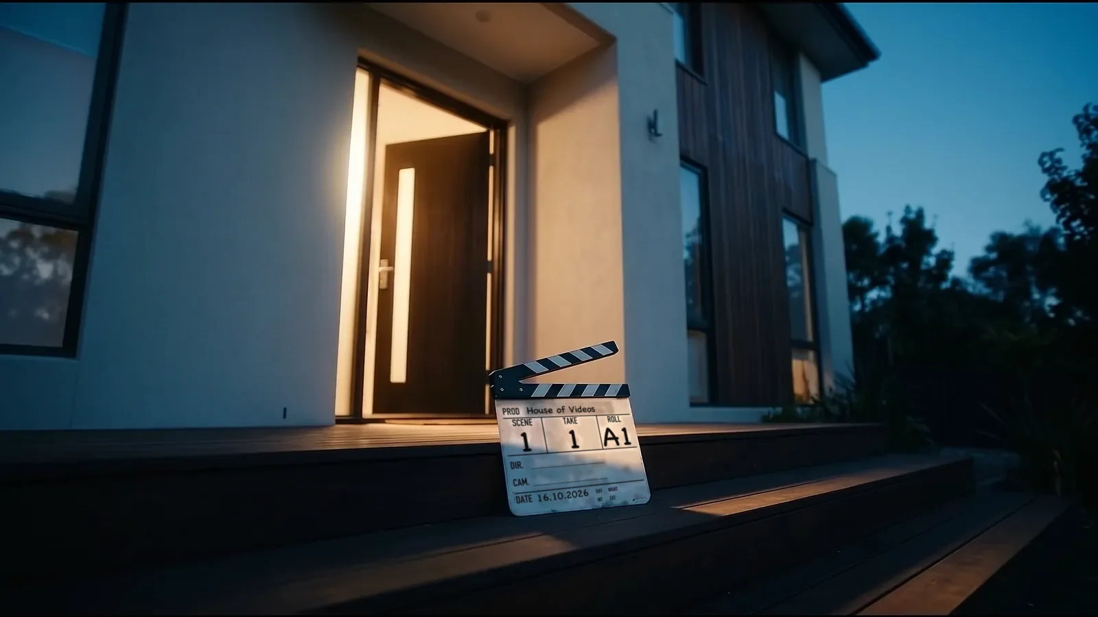 A film clapperboard on the porch steps of a modern house at blue hour, warm light spilling from the open door